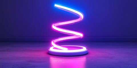 Abstract Panoramic Background Of Curvy Dynamic Neon Lines Glowing In The Dark Room With Floor Reflection - A Neon Spiral Shaped Object
