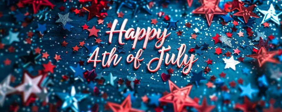 USA Happy 4th of July background - independence day holiday in United States of America. Abstract grunge star confetti glitter in flag colors with text.