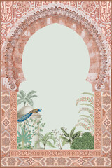 Moroccan garden with arch, peacock, tree illustration for wedding invitation