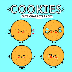 Funny cute happy cookies characters bundle set. Vector hand drawn doodle style cartoon character. Isolated on blue background. Cookies character collection