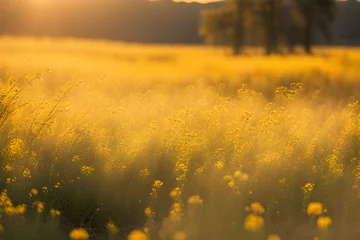 Fototapete sunset field landscape of yellow flowers  © RORON
