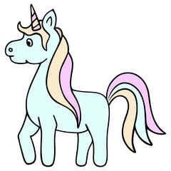 Green unicorn. Magic horse with a horn on its head. Cute pony with a lush pink-orange mane and tail.
