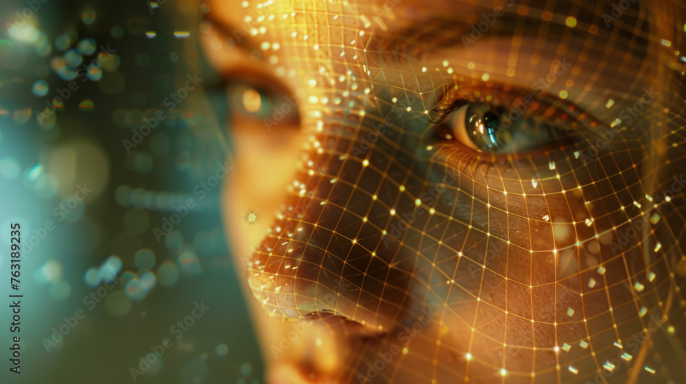 Poster close-up of a human face digitally overlaid with a golden wireframe mesh, highlighting concepts of a