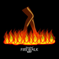 International Firewalk Day event banner. Illustration of a person walking on burning embers on black background to celebrate on April 6th