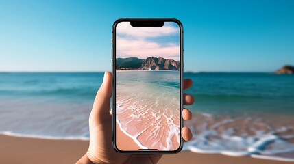Coastal Escape: A Hand Holding a Smartphone Displaying a Breathtaking Seascape
