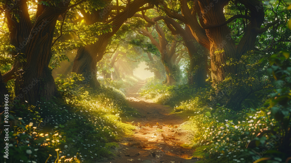 Poster a mystical forest pathway illuminated by sunlight filtering through the dense foliage, creating a wa