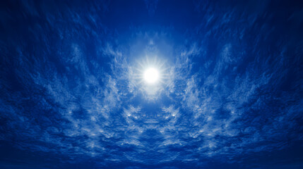 Blue Mystical Sky, Looking Up From Below, Blue, Clouds Flowing Into The Center - A Sun Shining In The Sky