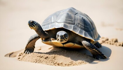 A Turtle With Its Legs Kicking Up Sand As It Walks Upscaled 3 - obrazy, fototapety, plakaty