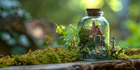 Beautiful glass bottle with an open lid, inside the jar is a miniature house and garden in fantasy art. The miniature house and garden depict a fantasy style world with fantasy architecture.