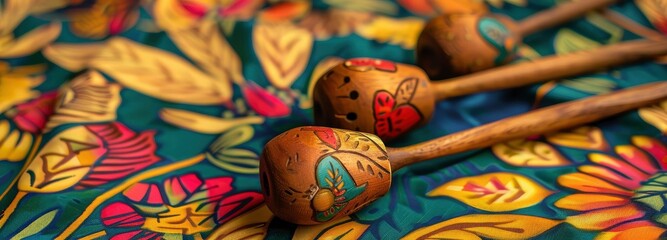 Wooden maracas on top a colorful boho table cloth.