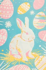 A card with a colorful hand drawn illustration of an easter bunny surrounded by pastel eggs and spring flowers against a flat lay background in vibrant colors, using simple, cute shapes 