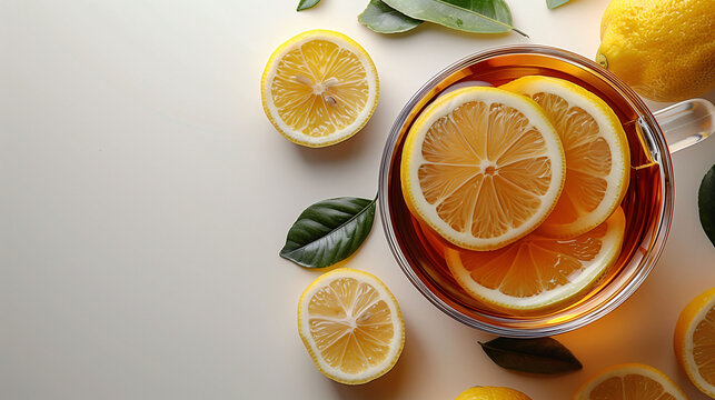 Cup of tea with lemon slices and basil on a light background, top view. Refreshing beverage concept.