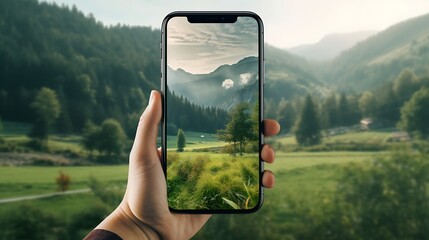 Mountain Majesty: A Hand Holding a Smartphone Displaying Lush Green Mountains
