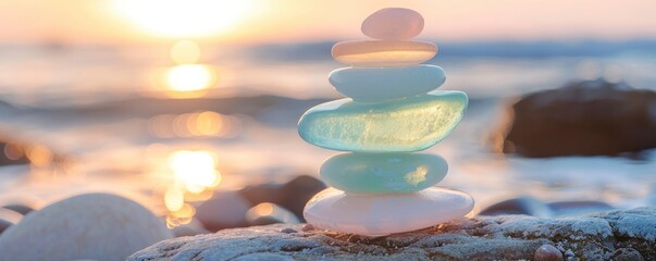 A stack of pastelcolored sea glass stones balanced on top each other, with the sun setting over an ocean in the background.