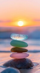 A stack of pastelcolored sea glass stones balanced on top each other, with the sun setting over an ocean in the background.