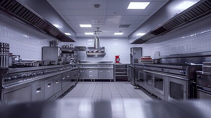 Professional cooking equipment in an empty restaurant. Generative Ai