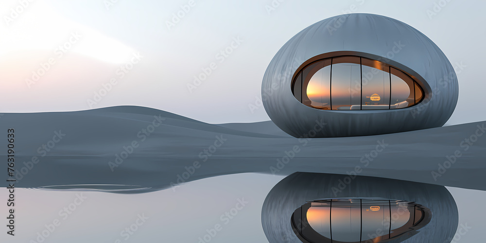 Poster surreal panoramic background - a round building with a window on the side of it