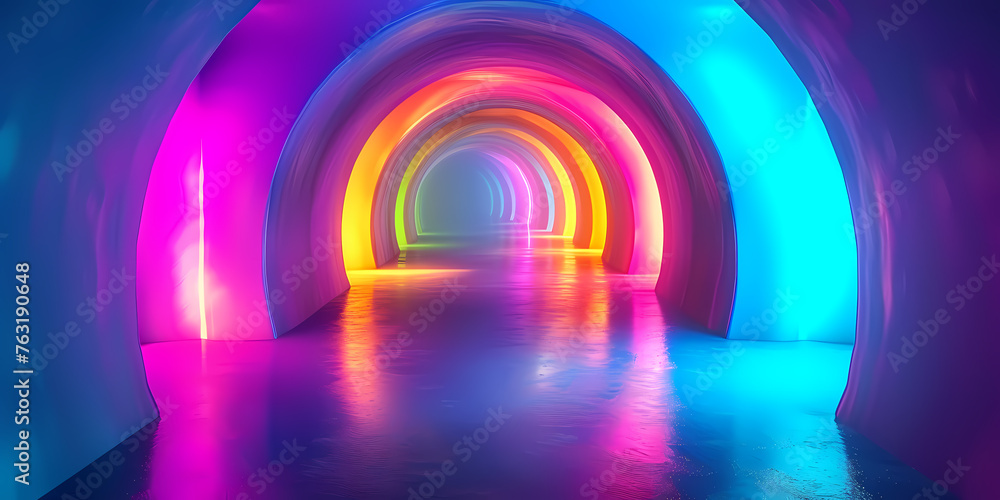 Poster abstract panoramic background of curvy dynamic neon lines glowing in the dark room with floor reflec