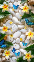 Obraz na płótnie Canvas White pebbles, yellow frangipani flowers and green leaves on the ground with blue butterflies