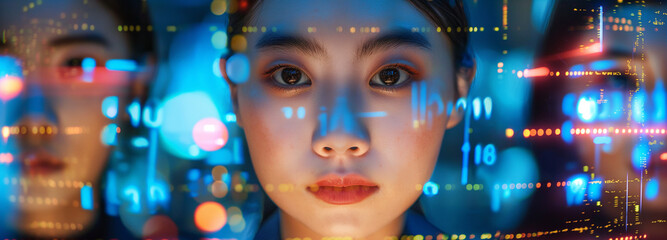 person in a maskA wide-format image capturing a woman's face superimposed with vibrant digital graphics and lights. Generative Al