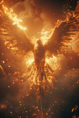 Majestic phoenix rising with fiery wings against dramatic clouds, symbolizing rebirth and transformation.
