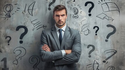 Attractive young european businessman standing on concrete background with question marks and scribble sketch. Confusion and answer concept