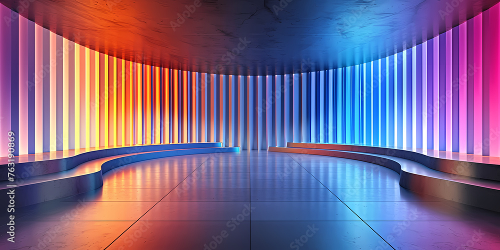 Aufkleber abstract panoramic background of curvy dynamic neon lines glowing in the dark room with floor reflec