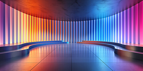 Abstract Panoramic Background Of Curvy Dynamic Neon Lines Glowing In The Dark Room With Floor Reflection - A Room With Colorful Lights