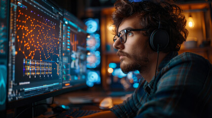 Male professional works intently at computer with complex data analysis on screen in a dark office environment, illuminated by the glow of the monitor displaying graphs and code. - obrazy, fototapety, plakaty