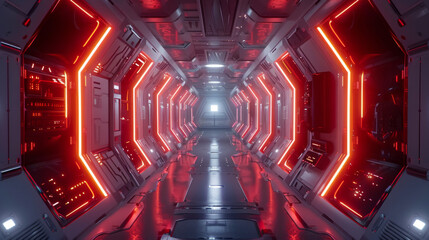 A futuristic corridor illuminated by red neon lights, featuring high-tech walls with panels and a metallic floor leading into the distance. - obrazy, fototapety, plakaty