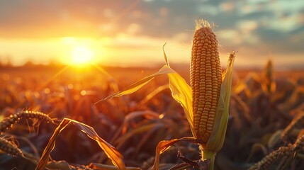 Ripe corn cobs in a field backlit by the setting sun. Generative Ai - obrazy, fototapety, plakaty