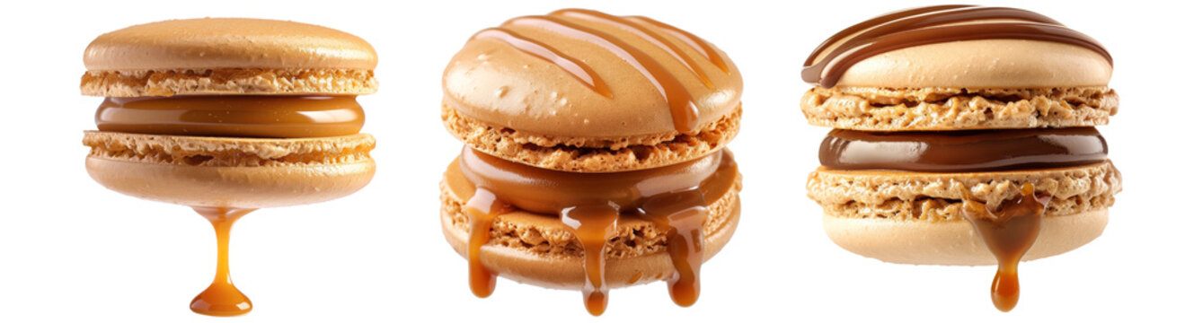 Set of Salted Caramel macron dessert  , cut out transparent isolated on white background ,PNG file