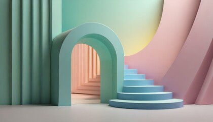 modern geometric style. Arch and stairs in trendy minimalist interior in 3d