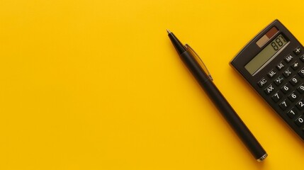 Flat lay or top view of black pen with calculator on vivid yellow background table with blank copy space, math, cost, tax or investment calculation.