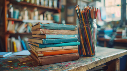 A stack of books on a wooden table with pencils
