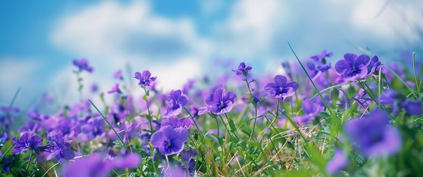A photo of purple blue violet carnations flowers in the field, with a blurry background