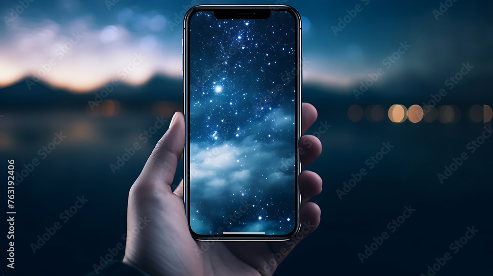 Poster celestial glimpse: a hand presenting a smartphone screen with a mesmerizing starry view