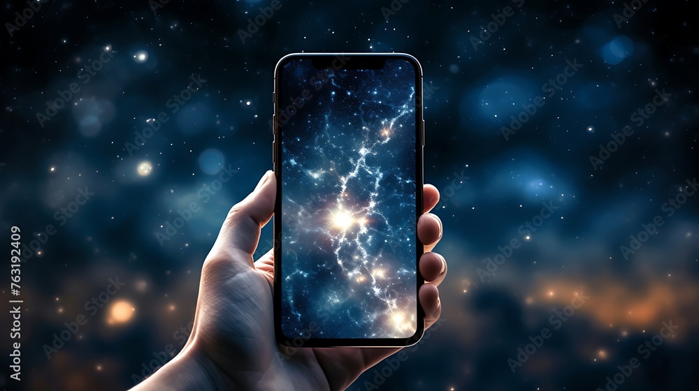 Poster celestial glimpse: a hand presenting a smartphone screen with a mesmerizing starry view
