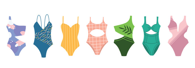 Beach swimsuit set. One-piece swimsuits summer vacation clothing fashion. Swimming wear vector set. Stylish set women's swimwear isolated on white background. Fashionable swimsuits. - obrazy, fototapety, plakaty