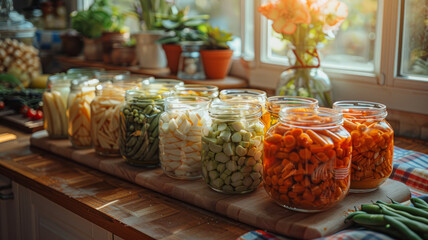 Various pickled vegetables in jars on counter. - obrazy, fototapety, plakaty