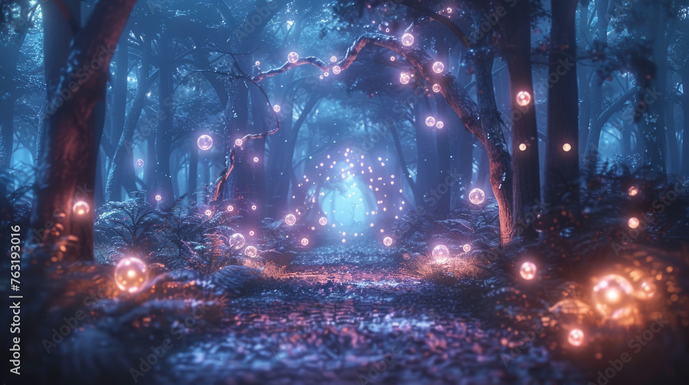 Poster a mystical forest with twinkling lights and an enchanting atmosphere. the path leads through an arch