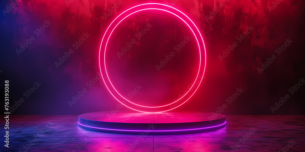 Poster 3d render, abstract neon background with colorful round shape in the dark room with floor reflection