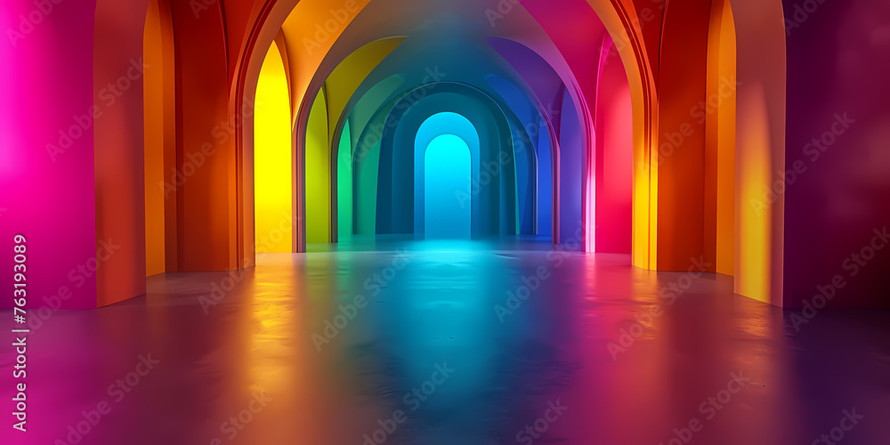 Poster 3d render, abstract neon background with colorful round shape in the dark room with floor reflection