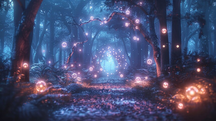 A mystical forest with twinkling lights and an enchanting atmosphere. The path leads through an archway of trees illuminated by glowing orbs, casting a magical glow on the surroundings.
