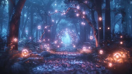 Crédence de cuisine en verre imprimé Forêt des fées A mystical forest with twinkling lights and an enchanting atmosphere. The path leads through an archway of trees illuminated by glowing orbs, casting a magical glow on the surroundings.