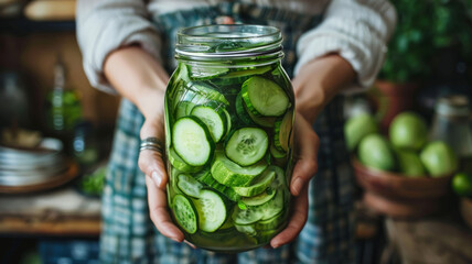 Person holding a jar of pickled cucumbers. - obrazy, fototapety, plakaty