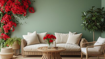 an inviting scene with a green wall mockup, round wooden table, beige sofa, red flowers, rattan chair, and carefully chosen decoration