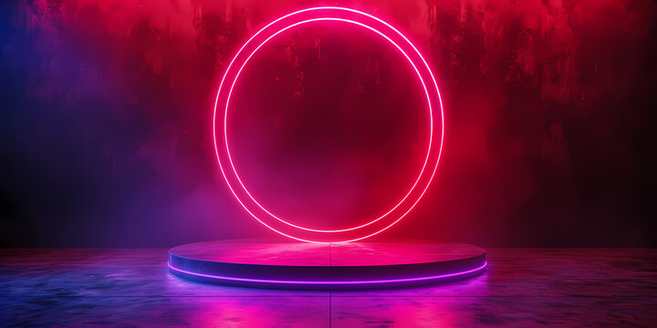 3D Render, Abstract Neon Background With Colorful Round Shape In The Dark Room With Floor Reflection - A Round Platform With Neon Lights