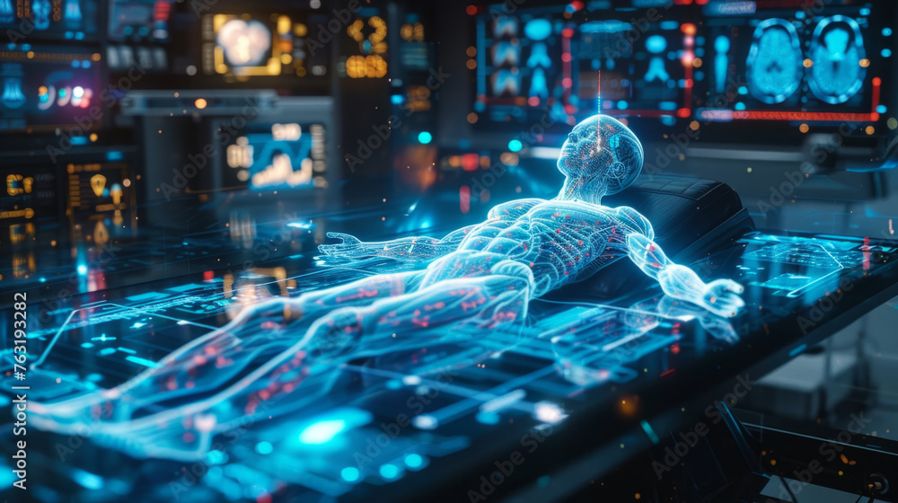 Poster a digital representation of a human body with highlighted neural network lying on a futuristic inter