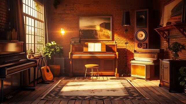 Create a visually striking AI image of a dreamy music studio, bathed in brown light, with a mix of classic and contemporary instruments harmoniously placed